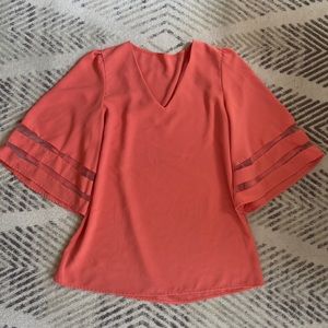 Casual V Neck Blouse with Mesh Panel 3/4 Bell Sleeve